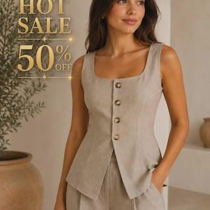 Puede incluir: Un chaleco beige sin mangas con escote cuadrado y cuatro botones marrones en la parte delantera, combinado con pantalones a juego. La imagen incluye el texto HOT SALE 50% OFF en letras doradas en el lado izquierdo.