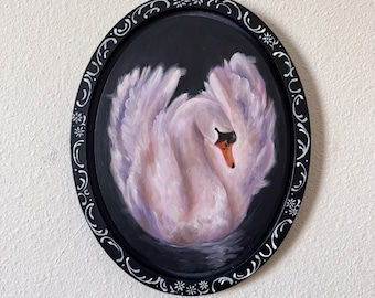 Grillige zwaan olieverfschilderij | 7 x 9 houten gotische paneelkunst | Met de hand beschilderd gothic-decor