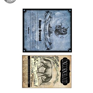 May include: Two vintage-style labels for unicorn tears and unicorn blood. The labels are in a blue and white color scheme with a black border. The unicorn tears label features a unicorn with a horn and wings. The unicorn blood label features a unicorn with a horn and a tail. Both labels have text that reads "Unicorn Tears" and "Unicorn Blood".