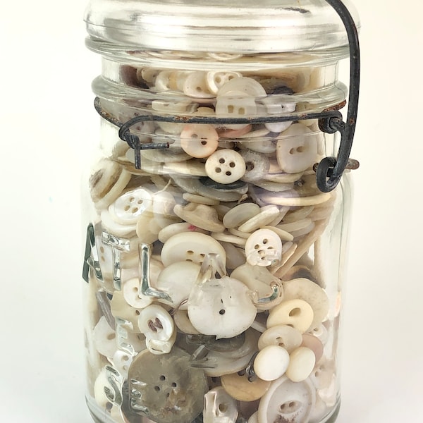 Vintage Hazel Atlas Canning Jar Full of Old Shell Bone Glass Buttons