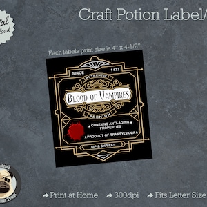 Art Deco Style Blood of Vampire Potion Halloween Potion or Wine Bottle Label