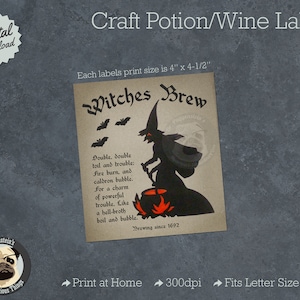 Witches Brew Halloween Potion or Wine Bottle Label