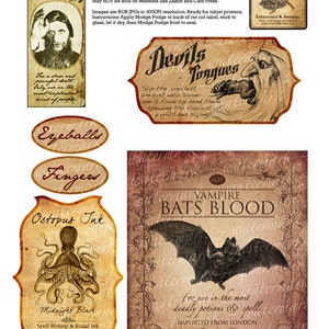 May include: Vintage Halloween themed printable labels with illustrations of a bat, octopus, lizard eggs, eyeballs, fingers, and a devil's tongue. The labels have a brown background with gold accents and text that reads "Vampire Bats Blood", "Octopus Ink", "Lizard Eggs", "Eyeballs", "Fingers", and "Devils Tongues".
