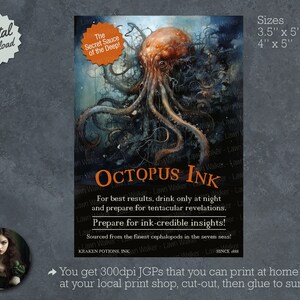 DIGITAL DOWNLOAD Octopus Ink Faux Potion or Wine Bottle Label