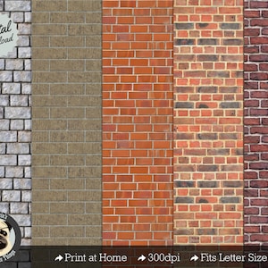 Peut inclure: Cinq textures différentes de murs en briques, y compris la pierre grise, le beige, le rouge, le multicolore et le rouge foncé. L'image est intitulée "Téléchargement numérique", "Imprimer à la maison", "300 dpi" et "Convient au papier format lettre".