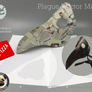 Può includere: Un modello stampabile per una maschera di medico della peste, realizzata da una scatola di pizza usata. Il modello è stampato su carta bianca e include istruzioni per la stampa a casa. L'immagine mostra anche una maschera di medico della peste finita realizzata da una scatola di pizza, con un becco nero e un nastro nero.