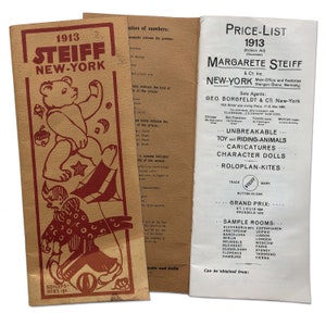 May include: A vintage price list for Steiff stuffed animals and toys. The list includes a variety of items, including riding animals, character dolls, and kites. The list also includes information about the company's history and its locations.