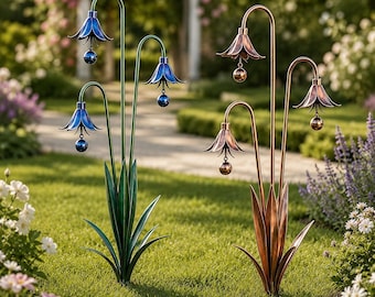 Metal Bluebell Flower Wind Chime Garden Stake, Rustic Yard Art, Outdoor Bell Lawn Decor,  Floral Wind Bell Pathway Landscape Decor Gift