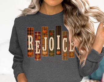 Camiseta "Alégrate siempre en otoño" / Estampado rústico de calabazas a cuadros otoñales / Camiseta de la temporada de cosecha con temática cristiana
