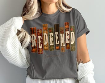 Redimidos Efesios 1:7 Diseño bíblico, Calabaza a cuadros de otoño Hojas de otoño Fe cristiana