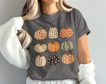 Camiseta acogedora de otoño con calabazas, estilo granja, ideal para la temporada de cosecha otoñal.