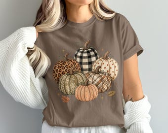 Camiseta de otoño con estampado de calabaza, leopardo y cuadros.