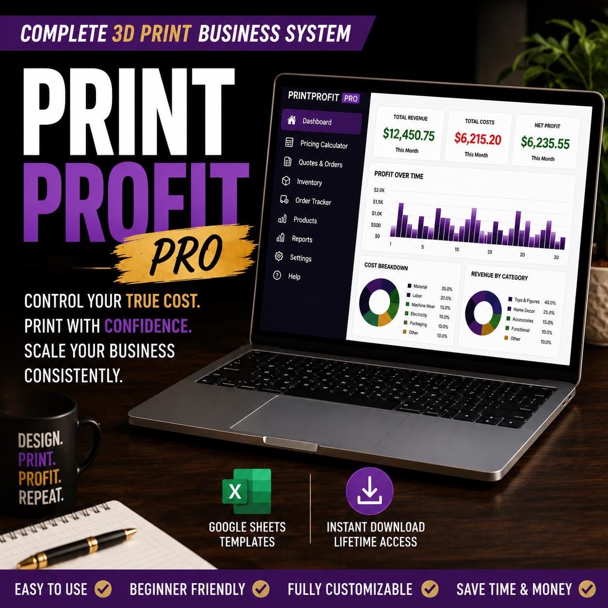3D Print Business Spreadsheet Toolkit Pricing Calculator, Profit Tracker (Digital Download)