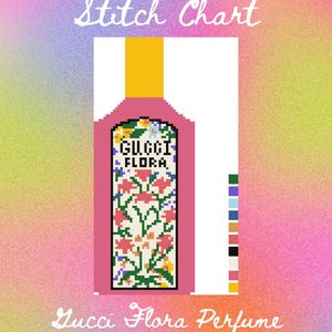May include: A needlepoint stitch chart featuring a pixelated illustration of a perfume bottle with a pink frame and a floral pattern. The text reads Needlepoint Stitch Chart, Gucci Flora, and Gucci Flora Perfume Digital Download, with a color palette.