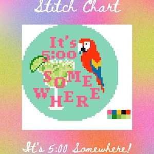 May include: A needlepoint stitch chart featuring a circular design on a light blue background. It displays a colorful parrot, a margarita glass with a lime wedge, and the text It's 5:00 SOMEWHERE. A small color palette guide is included in the corner.