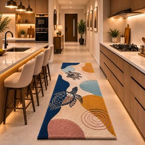 May include: A rectangular runner rug featuring a cream-colored background with a pattern of two sea turtles, blue waves, and abstract shapes in shades of navy blue, mustard yellow, and dusty pink, with a textured pile surface throughout the design.