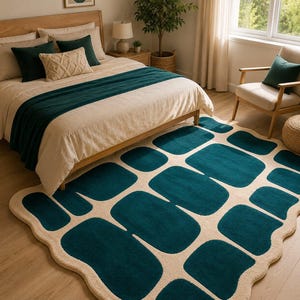 Hand Tufted Abstract Wool Area Rug, Modern Geometric Block Design Carpet, Irregular Wavy Edge Rug, Teal & Ivory Plush Tufted Rug.