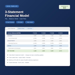 May include: A digital Excel template for a 3-Statement Financial Model featuring a P&L, Balance Sheet, and Cash Flow. The interface displays an Income Statement table with columns for FY2024A through FY2027E, showing revenue, expenses, and net income.