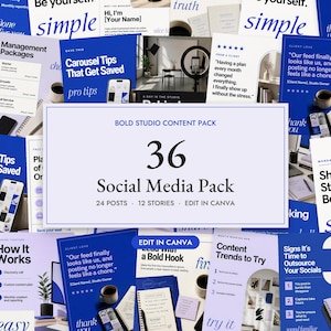 May include: A digital social media content pack featuring 36 templates, including 24 posts and 12 stories, designed for editing in Canva. The collection displays various blue and white layouts with text such as Bold Studio Content Pack.
