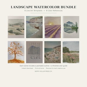 Peut inclure: Un ensemble d'aquarelles de paysages comprenant 8 modèles au trait et 8 références de couleurs. La collection inclut des illustrations de collines, un bateau sur l'eau, des champs de lavande, des montagnes, un arbre d'automne, des bouleaux et des fleurs.