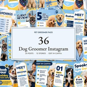 May include: A digital collection of 36 Instagram templates for pet groomers, featuring blue and yellow color schemes, various dog photographs, and text overlays including Pet Groomer Pack, 36 Dog Groomer Instagram, 24 Posts, 12 Stories, and Edit in Canva.