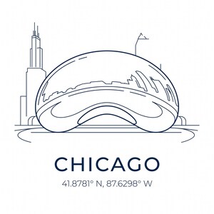 Póster de viaje de Chicago, arte mural Cloud Gate, lámina minimalista de arte lineal, coordenadas de la ciudad, decoración de Chicago, descarga digital instantánea.