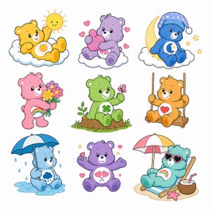 May include: A collection of nine colorful cartoon bears in various poses. The bears are yellow, purple, blue, pink, green, orange, and teal, each featuring a unique symbol on their belly. They are depicted with items like clouds, hearts, flowers, umbrellas, and beach chairs.