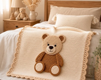 Crochet Teddy Bear Baby Blanket Pattern, Appliqué Nursery Decor، (Digital Download)