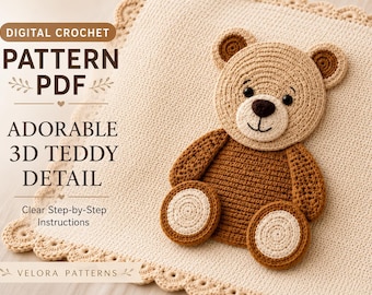 Häkelanleitung für eine Teddybär-Babydecke (PDF): 3D-Applikation, Anfänger, 91 x 91 cm