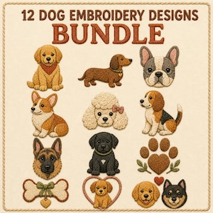 Peut inclure: Un ensemble de 12 motifs de broderie numérique sur le thème des chiens. La collection comprend diverses races de chiens, une empreinte de patte avec un cœur, un os avec un nœud et un chiot dans un cadre en forme de cœur, le tout en relief.