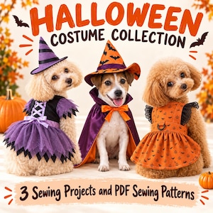 May include: Three dogs wearing Halloween costumes: a purple and black witch dress, an orange and purple cape with a matching bat-print hat, and an orange pumpkin-print dress. Text reads: HALLOWEEN COSTUME COLLECTION 3 Sewing Projects and PDF Sewing Patterns.