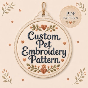 Anpassat husdjursbroderimönster PDF, hund- eller kattporträtt från foto med namn, handbroderad linjeteckning, nybörjare SVG PNG
