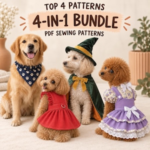 May include: A 4-in-1 bundle of PDF sewing patterns for dog clothing. The image displays four dogs wearing a navy blue paw print bandana, a red ruffled dress, a green velvet wizard hat and cape, and a purple floral dress with white bows.