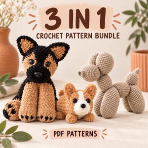 以下が含まれることがあります： 3 IN 1 CROCHET PATTERN BUNDLE PDF PATTERNSと書かれた、3種類の編みぐるみセット。黒と茶色のジャーマンシェパード、ベージュと白の小さなコーギー、ベージュのバルーンアート風の犬の編みぐるみが並んでいます。3 IN 1 CROCHET PATTERN BUNDLEおよびPDF PATTERNSの文字が記載されています。