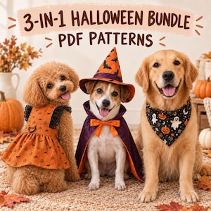 May include: A 3-in-1 Halloween bundle PDF patterns set featuring three dog costumes: an orange dress with black bat and pumpkin prints, a purple and orange witch hat and cape with a bow, and a black bandana with ghost and pumpkin prints.