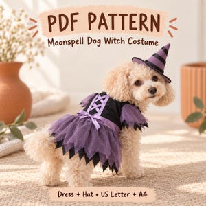 May include: A PDF pattern for a Moonspell dog witch costume featuring a dress and hat. The costume includes a black bodice with purple ribbon lacing, a layered purple tulle skirt with jagged edges, and a matching purple and black striped witch hat.