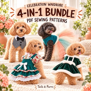 May include: Four dogs wearing different outfits: a tuxedo vest, a floral dress with white lace, a teal tutu, and a green velvet dress with white trim. Text reads: CELEBRATION WARDROBE 4-IN-1 BUNDLE PDF SEWING PATTERNS and Tails & Purrs.