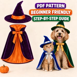 May include: A PDF pattern for pet costumes featuring a purple velvet cape with an orange lining and a matching witch hat, a blue velvet cape with a silver lining and hat, and a green velvet cape with a gold lining and hat, plus a small pumpkin.