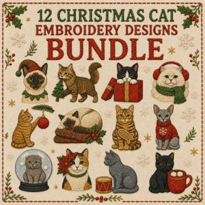 Op de afbeelding: Een verzameling van 12 kerstkatten borduurontwerpen met diverse katten in feestelijke kleding, waaronder een kat met een kerstmuts, een boom, in een geschenkdoos, in een sneeuwbol en met een rode mok op een beige achtergrond.