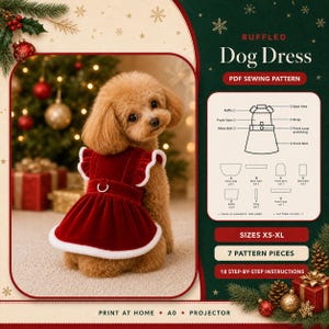 Könnte beinhalten: Ein PDF-Schnittmuster für ein Hundekleid mit Rüschen, inklusive einer Abbildung von sieben Schnittteilen, Größen XS-XL und 18 Schritt-für-Schritt-Anleitungen. Das Bild zeigt einen braunen Pudel in einem roten Samtkleid mit weißem Saum.