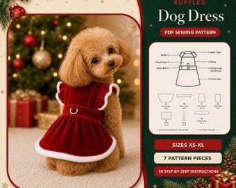 Patrón de costura en PDF para vestido navideño de perro, vestido de tirantes con volantes de Papá Noel, descarga digital fácil para principiantes, con presilla de anilla en D, 5 tallas (XS-XL).