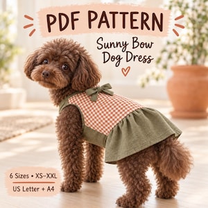 May include: A brown poodle wearing a dog dress with an orange and white gingham bodice, an olive green skirt, and a small bow at the neckline. Text reads: PDF PATTERN, Sunny Bow Dog Dress, 6 Sizes • XS-XXL, US Letter + A4.