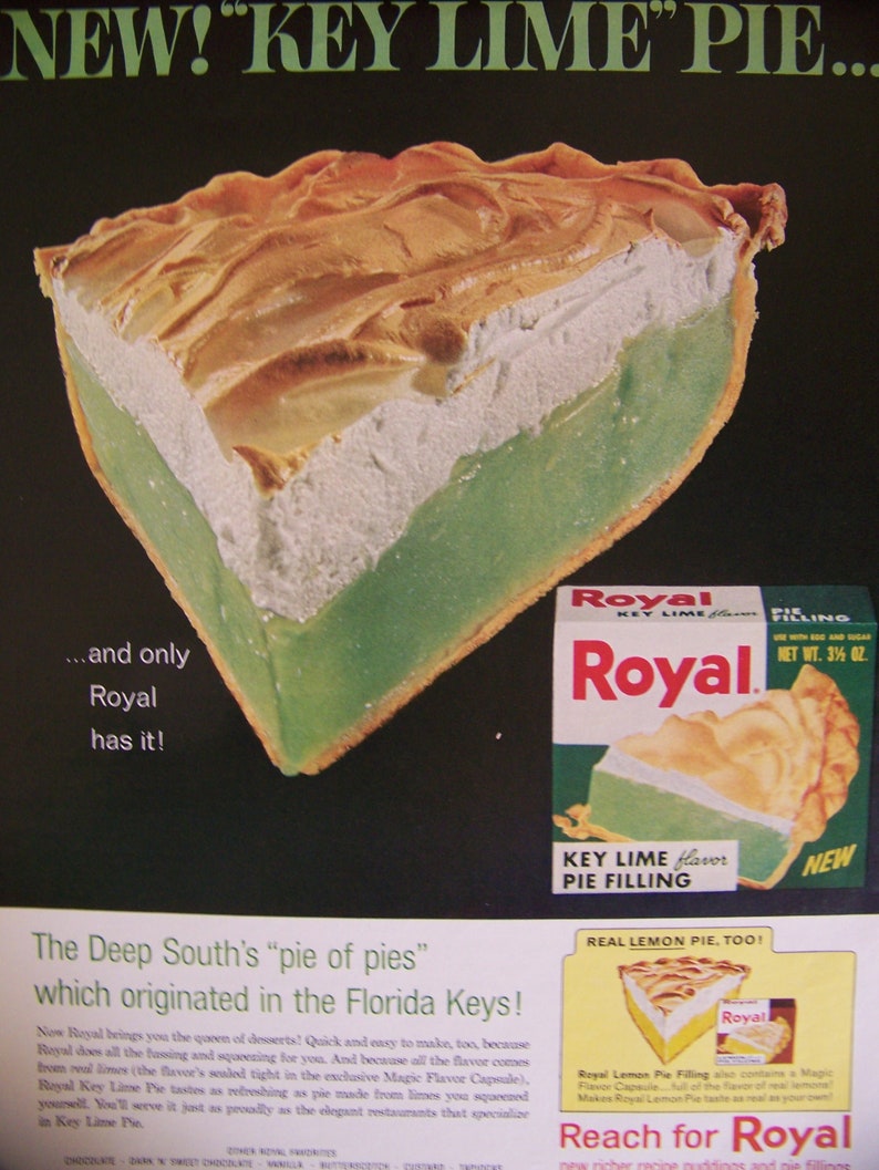 1964 Original Royal Key Lime Flavor Pie Filling.Key Lime Pie Advertisement.Florida Keys Advertisement.Vintage 1960/'s Magazine Advertisement.