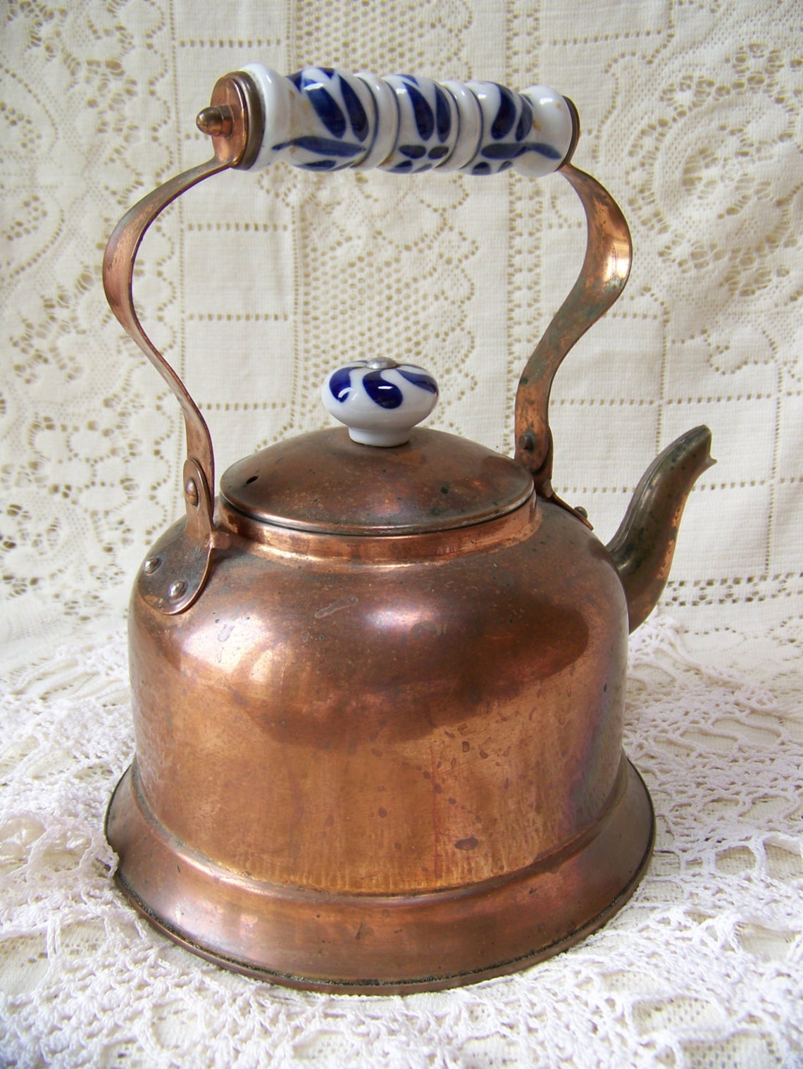 Vintage Copper Tea Kettle with Blue and White Porcelain Handle Etsy