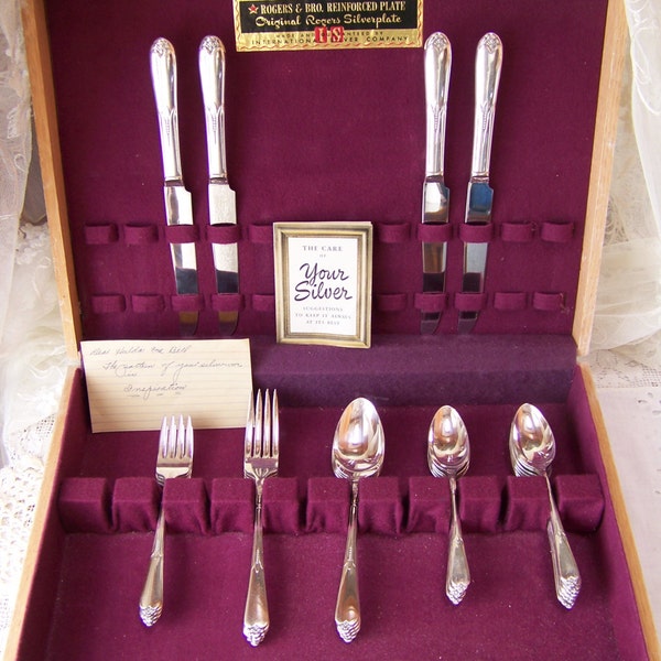 Antique Rogers Brothers Silverplate Silverware, Inspiration Pattern, in Wooden Silverware Chest