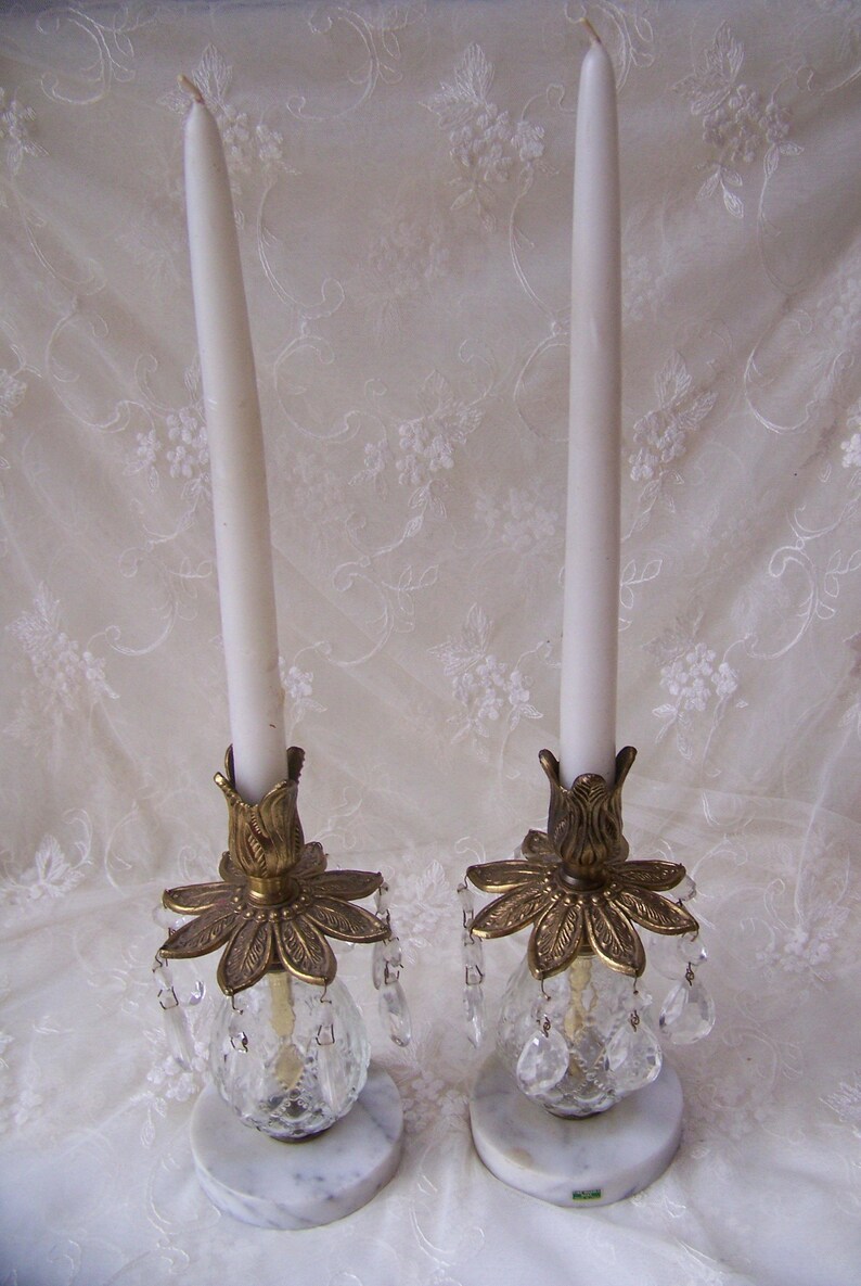 Vintage Brass Candle Holders with Marble Base and Prismsset Etsy
