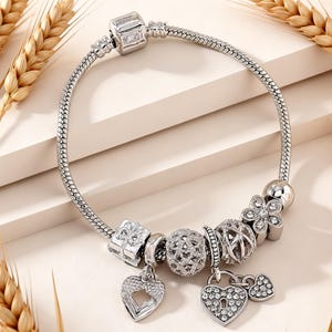 Pulsera Pandora de plata de ley 925 con dije de candado de corazón, pulsera de cadena de serpiente con cuentas de cristal, regalo romántico para ella.