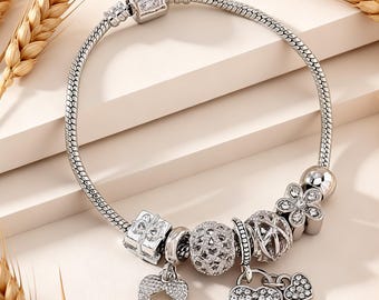 Pulsera con dije de candado en forma de corazón de plata de ley 925, pulsera de cadena de serpiente con cuentas de cristal, regalo romántico para ella.