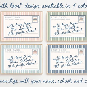 May include: Four rectangular postcards with vertical stripes in pink, sage green, light blue, and navy blue. Each features the text POST CARD, a stamp graphic, and personalized lines for school name, teacher name, and grade level in dark blue script.
