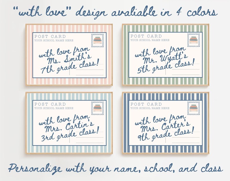May include: Four rectangular postcards with vertical stripes in pink, sage green, light blue, and navy blue. Each features the text POST CARD, a stamp graphic, and personalized lines for school name, teacher name, and grade level in dark blue script.